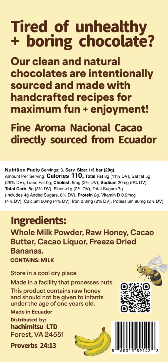 Banana Milk Chocolate - Hachimitsu - Back Side - Honey Sweetened Chocolate