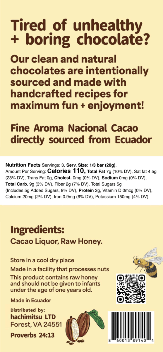 Dark Chocolate - 70% Cacao - Hachimitsu Honey Sweetened Chocolate