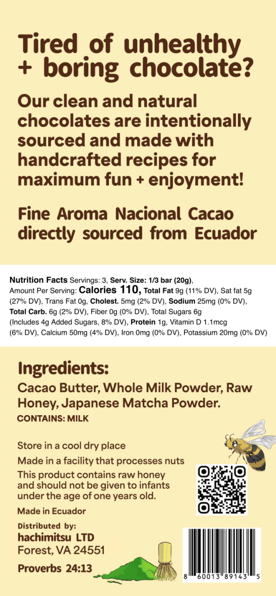 Matcha Latte - Hachimitsu - BackSide - Honey Sweetened Chocolate